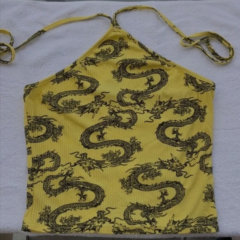 Yellow dragon cropped halter top
